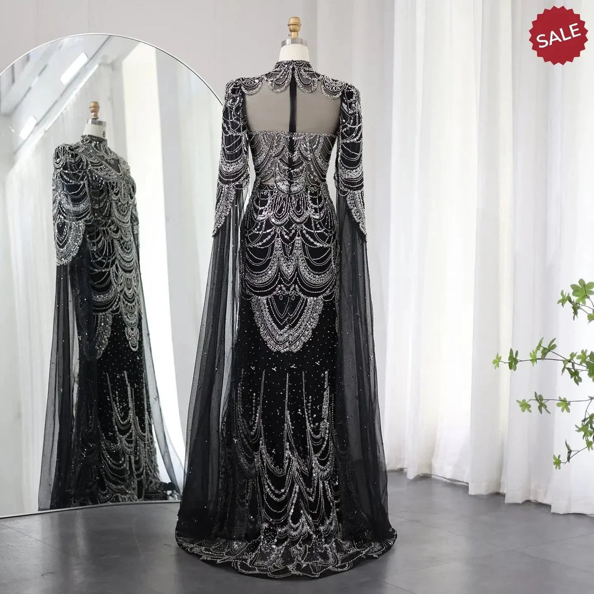Green Luxury Dubai Mermaid Evening Dresses with Cape Sleeves Arabic SS145