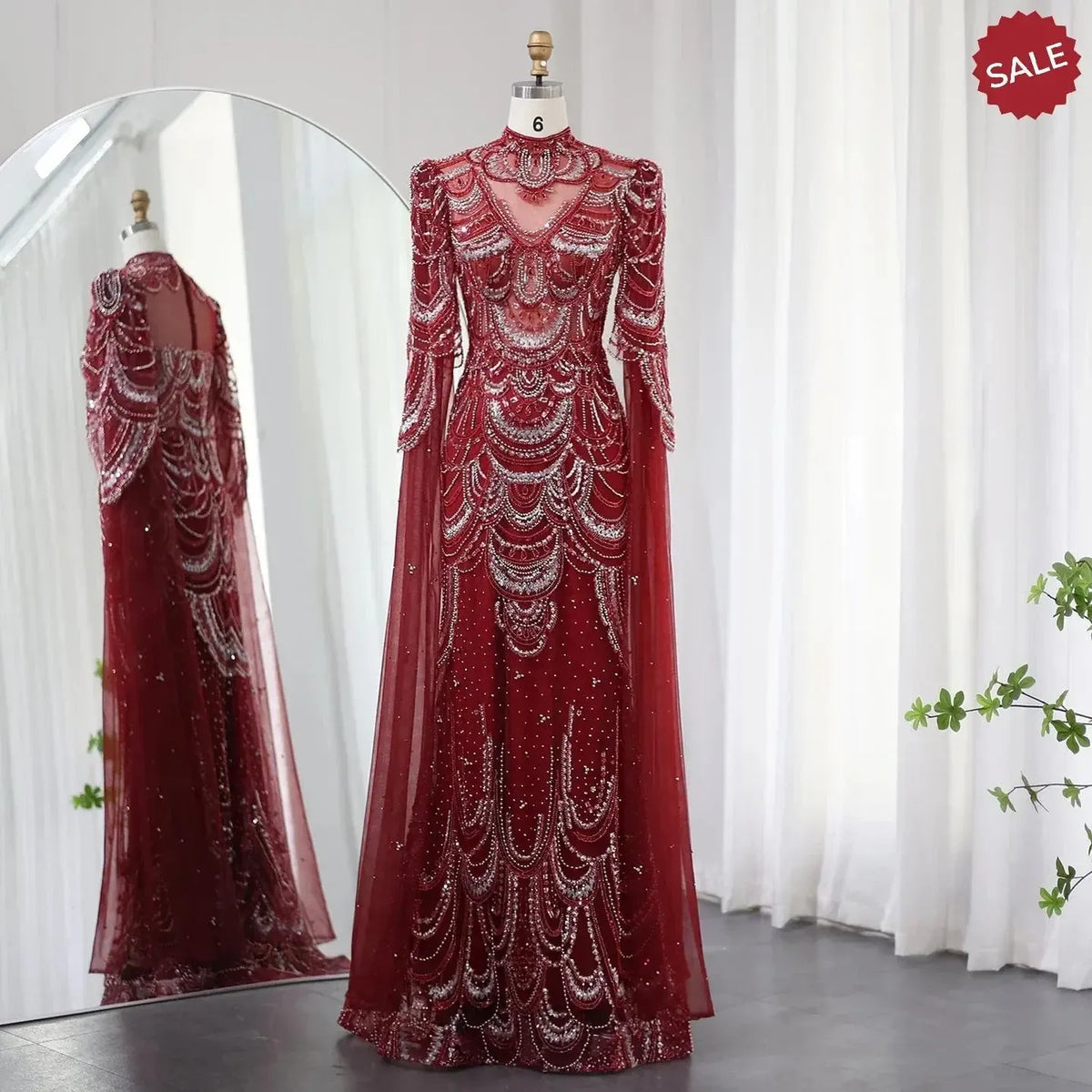 Green Luxury Dubai Mermaid Evening Dresses with Cape Sleeves Arabic SS145