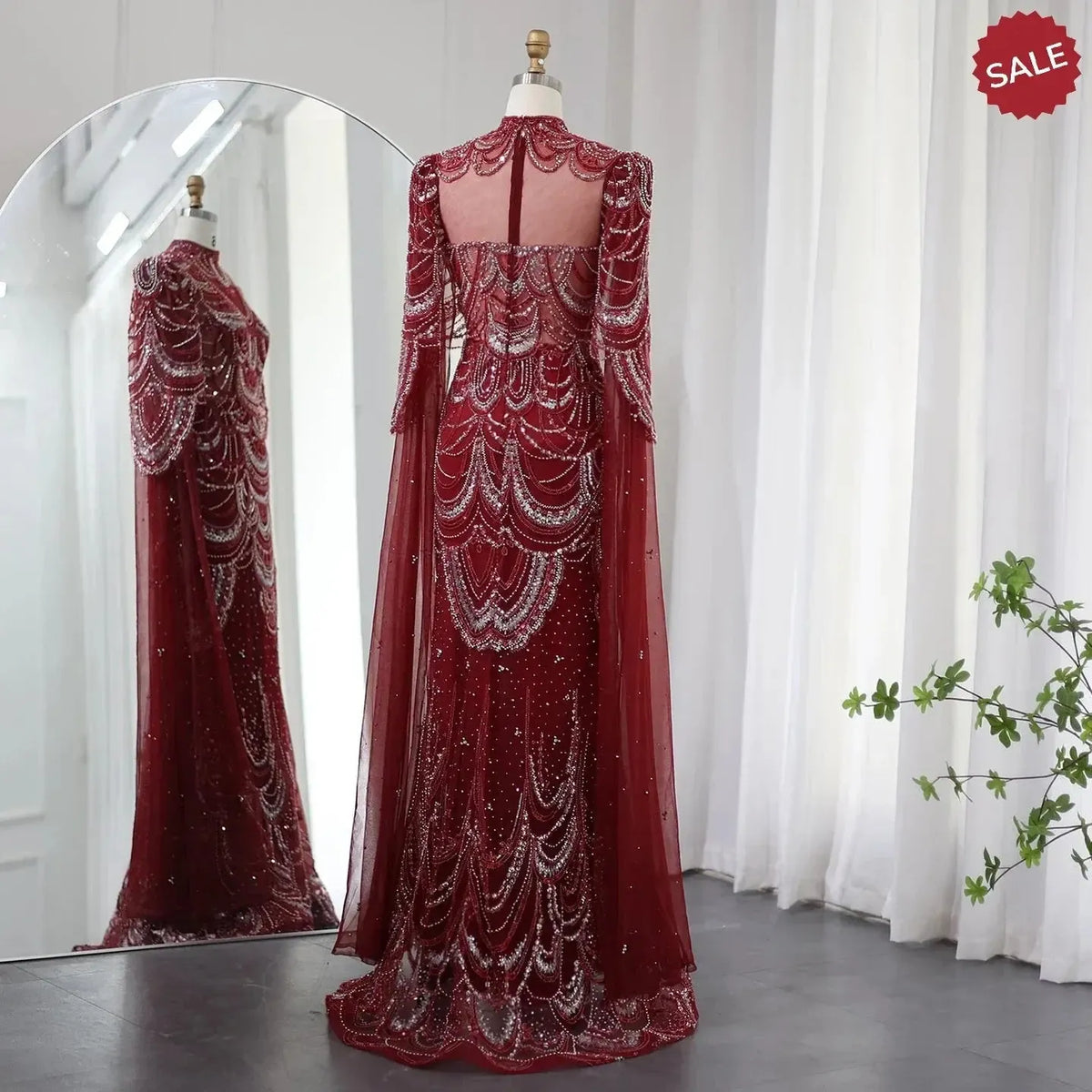 Green Luxury Dubai Mermaid Evening Dresses with Cape Sleeves Arabic SS145