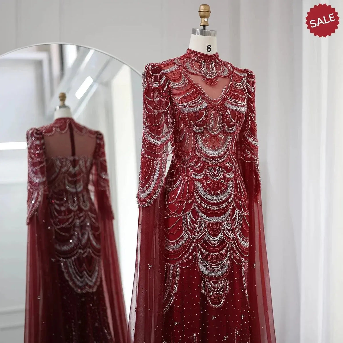 Green Luxury Dubai Mermaid Evening Dresses with Cape Sleeves Arabic SS145