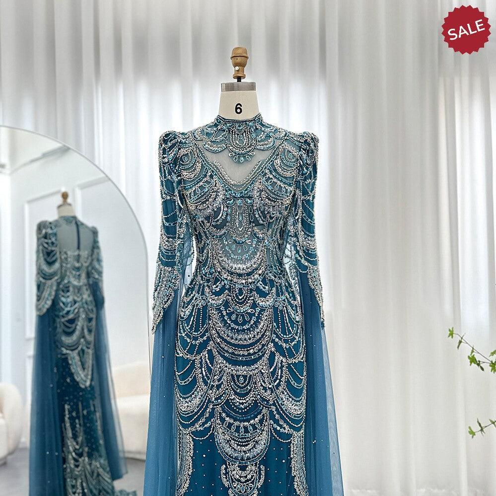 Green Luxury Dubai Mermaid Evening Dresses with Cape Sleeves Arabic SS145
