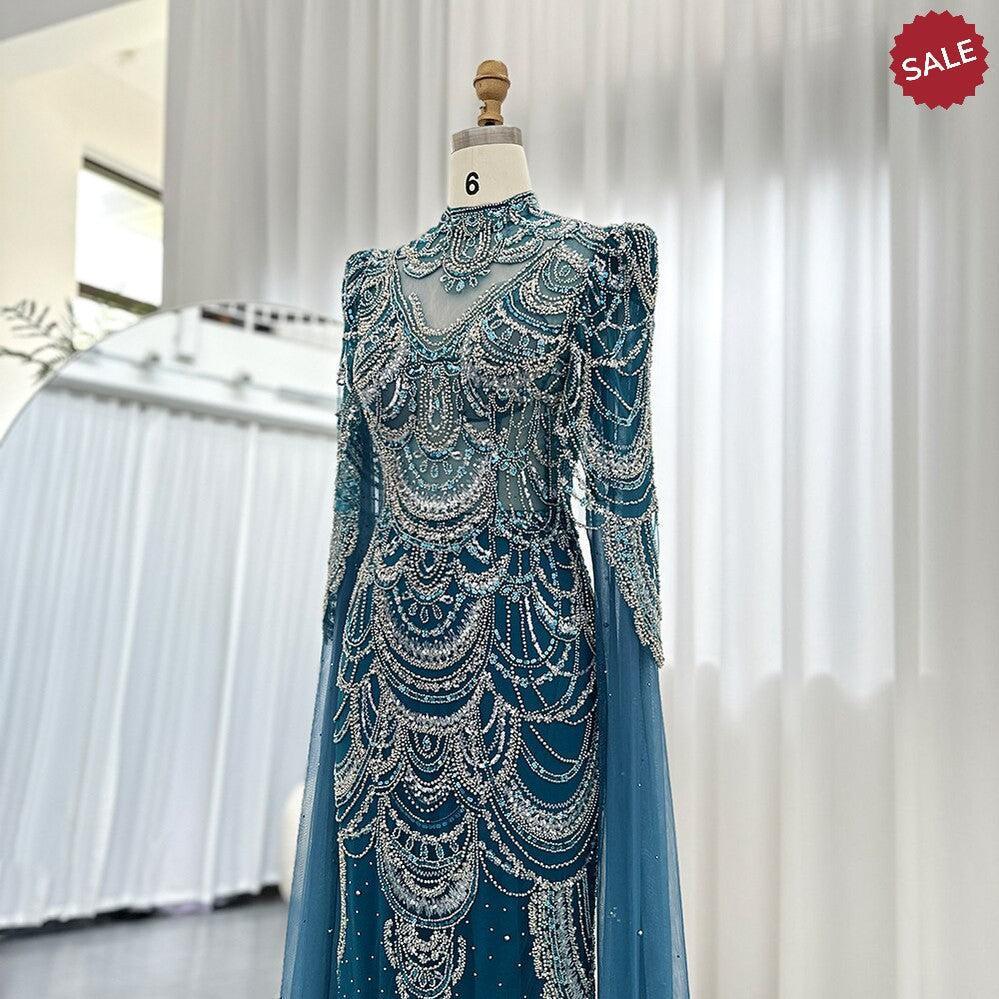 Green Luxury Dubai Mermaid Evening Dresses with Cape Sleeves Arabic SS145