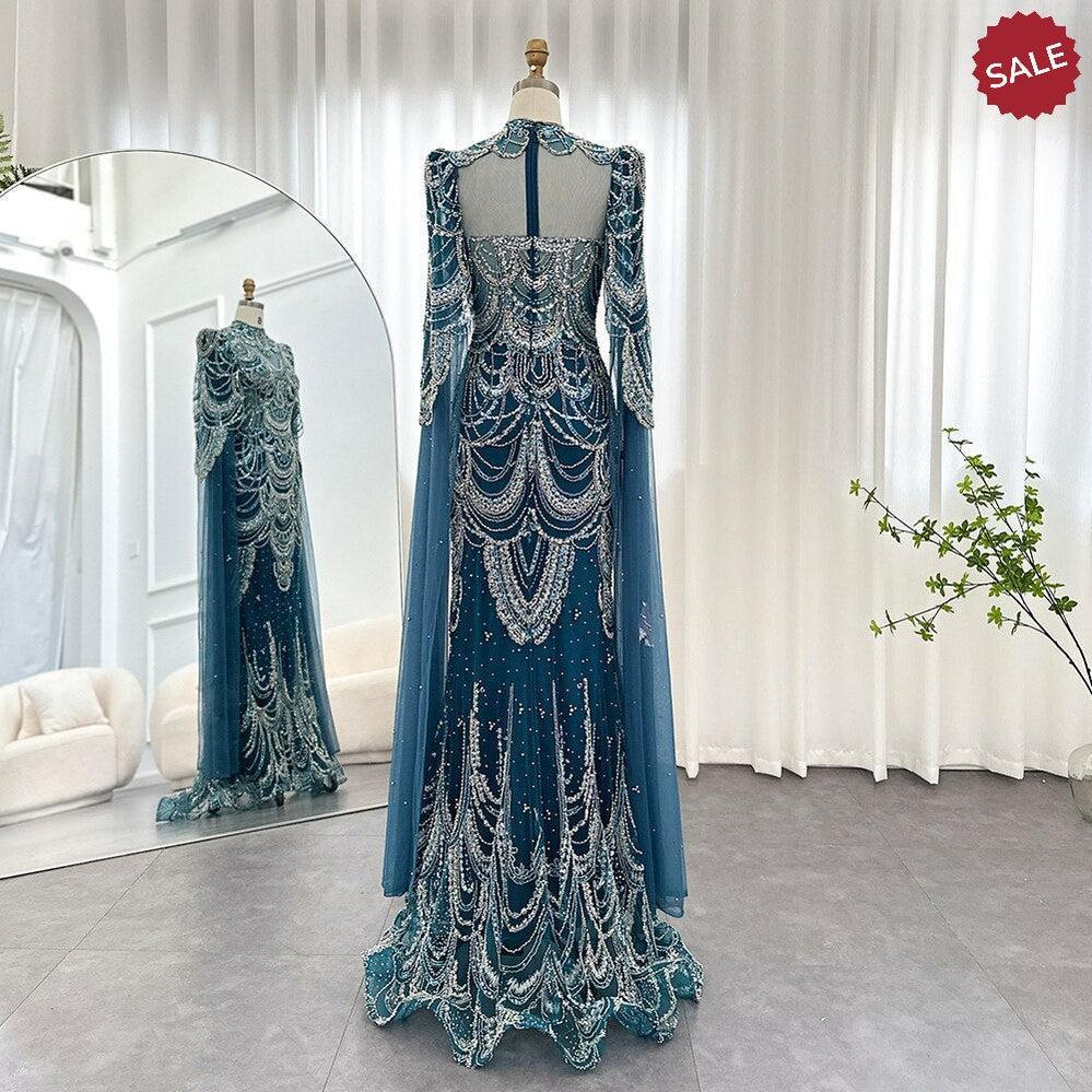 Green Luxury Dubai Mermaid Evening Dresses with Cape Sleeves Arabic SS145