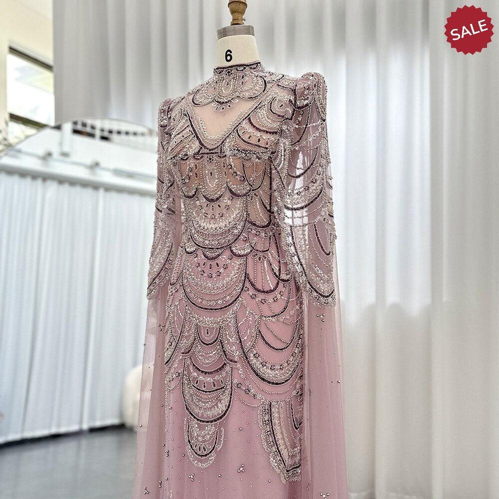 Green Luxury Dubai Mermaid Evening Dresses with Cape Sleeves Arabic SS145