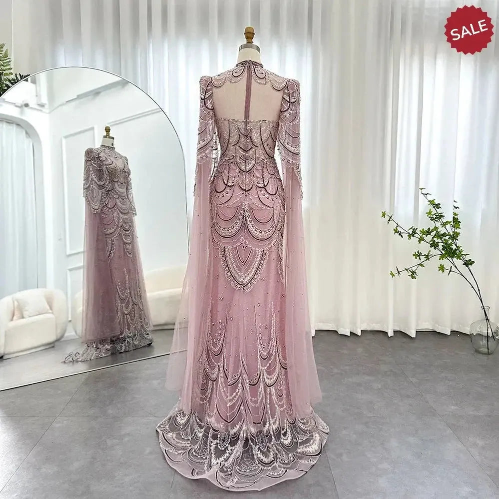 Green Luxury Dubai Mermaid Evening Dresses with Cape Sleeves Arabic SS145