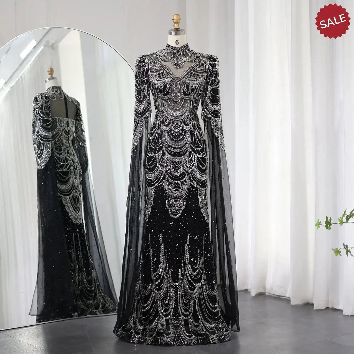 Green Luxury Dubai Mermaid Evening Dresses with Cape Sleeves Arabic SS145