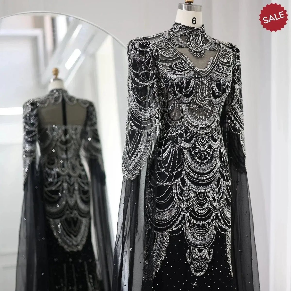 Green Luxury Dubai Mermaid Evening Dresses with Cape Sleeves Arabic SS145
