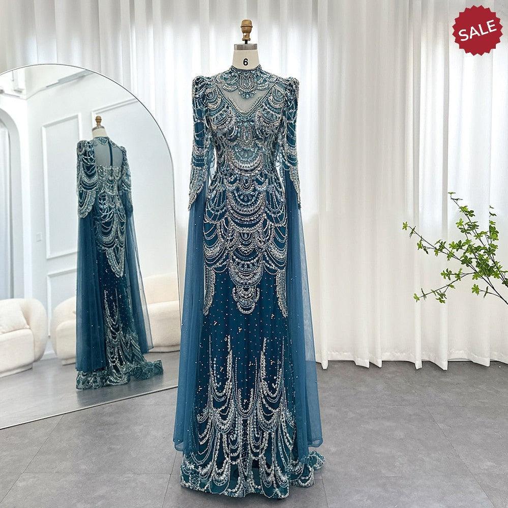 Green Luxury Dubai Mermaid Evening Dresses with Cape Sleeves Arabic SS145