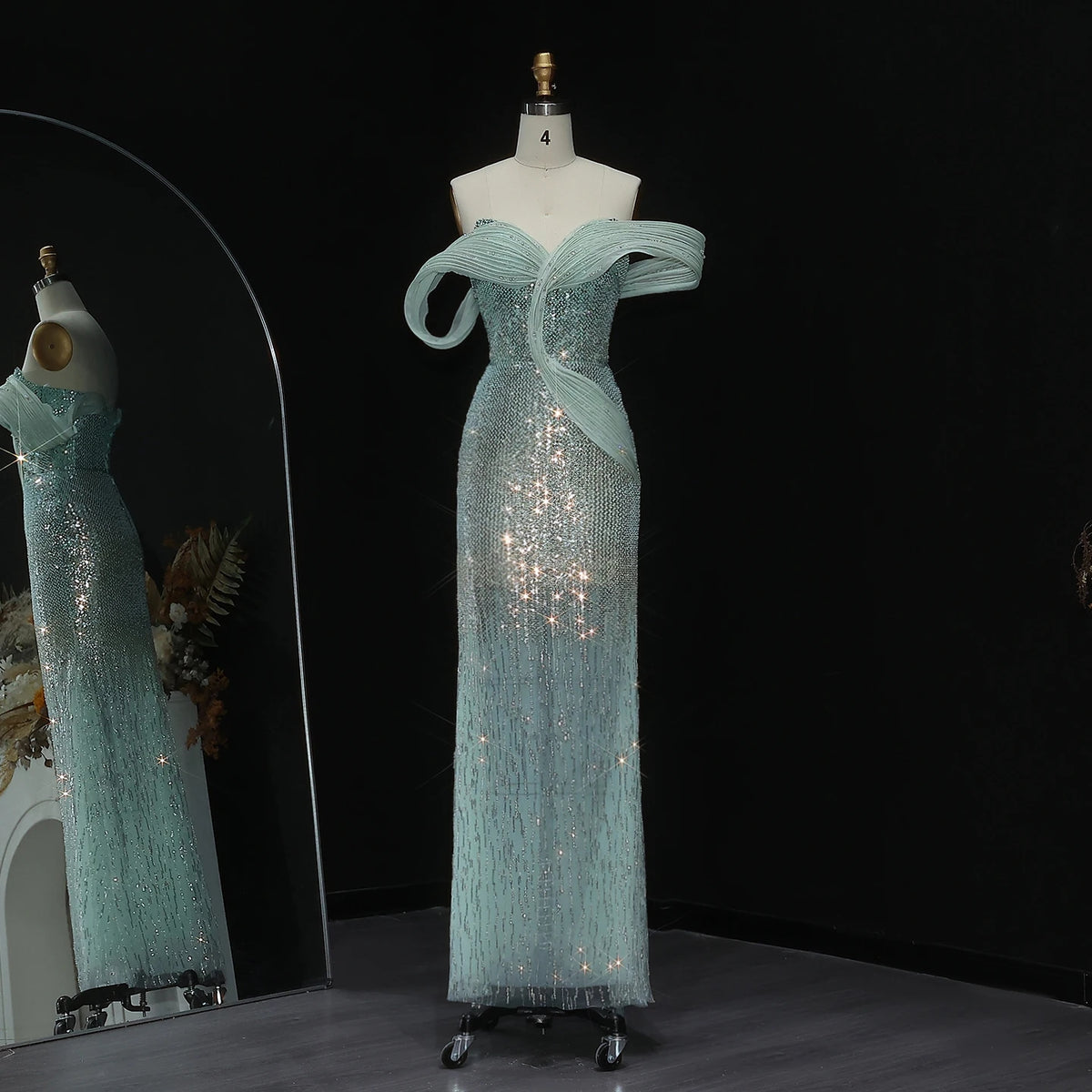 Elegant Off Shoulder Mint Green Midi Gown Wedding Party Prom SS523
