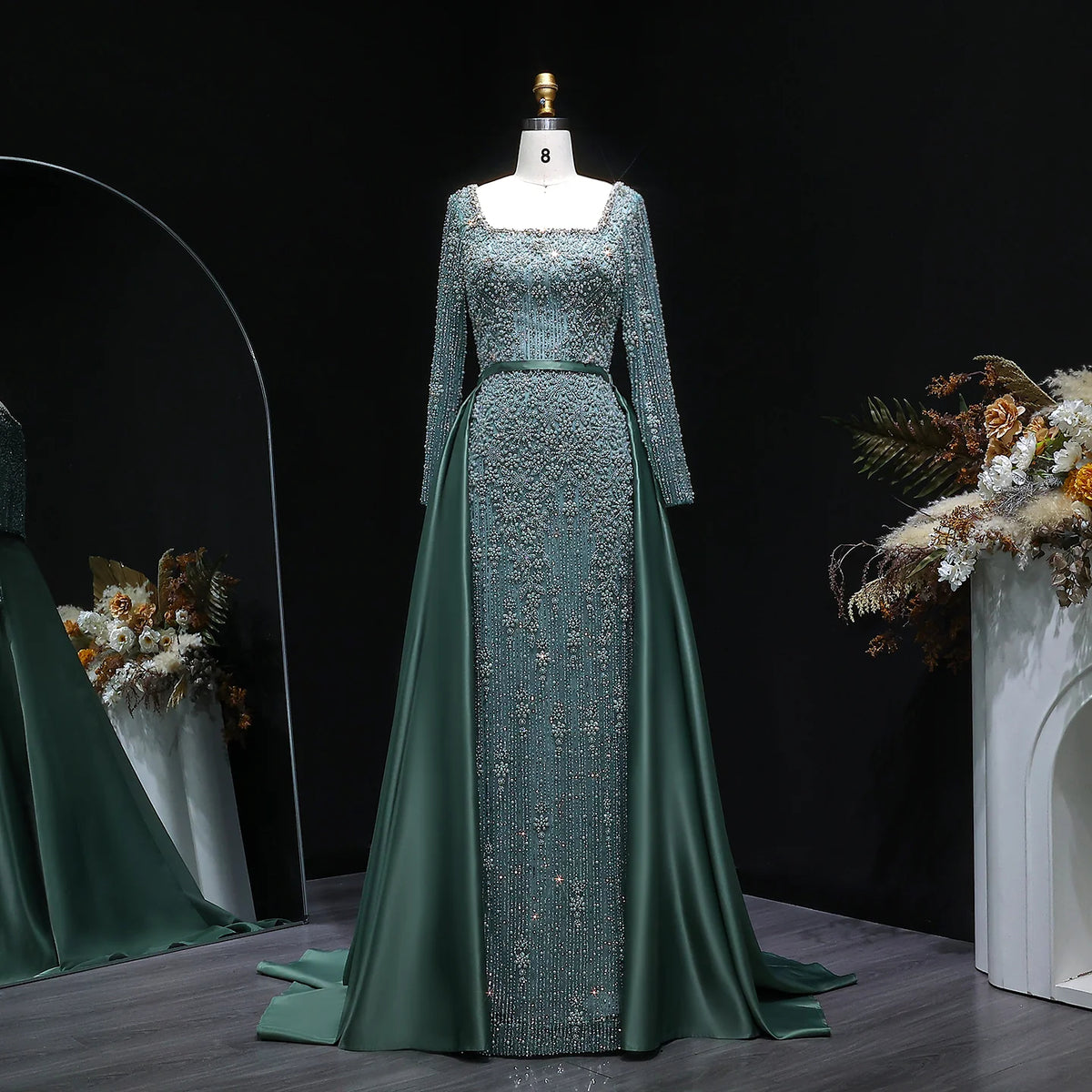Elegant Green Long Sleeve Evening Dress with Satin Overskirt SS119