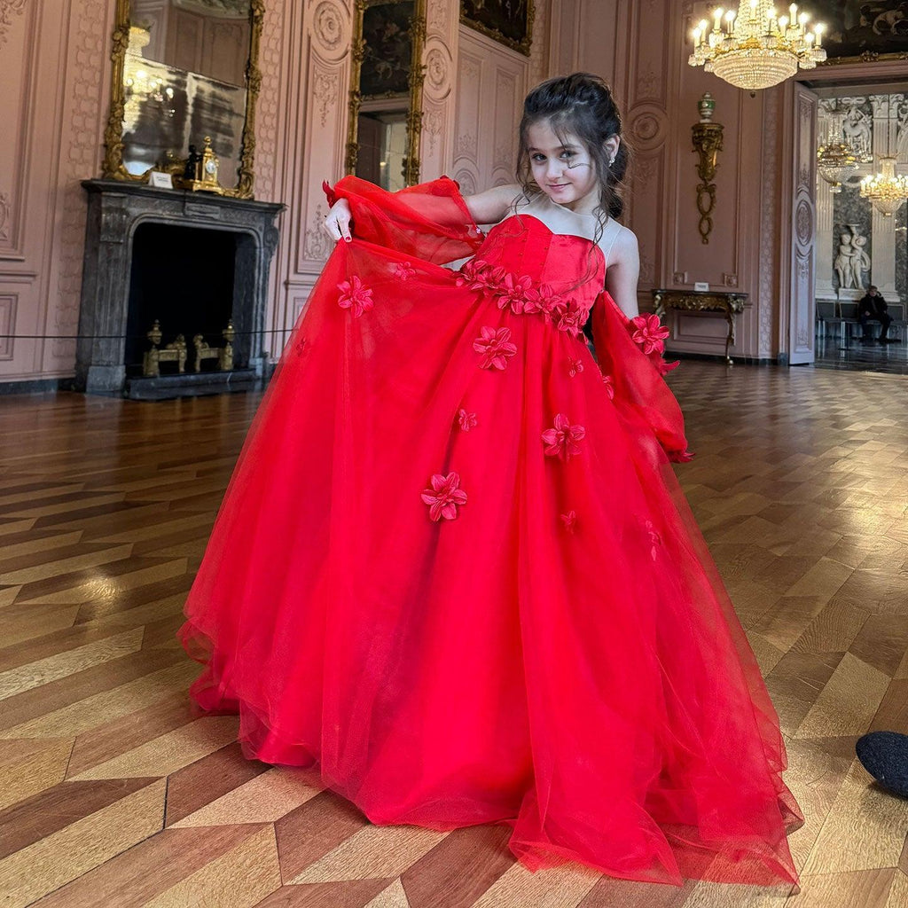 Elegant 3D Flowers Red Girl Dress Long Sleeve Princess Gown J274 – Jill