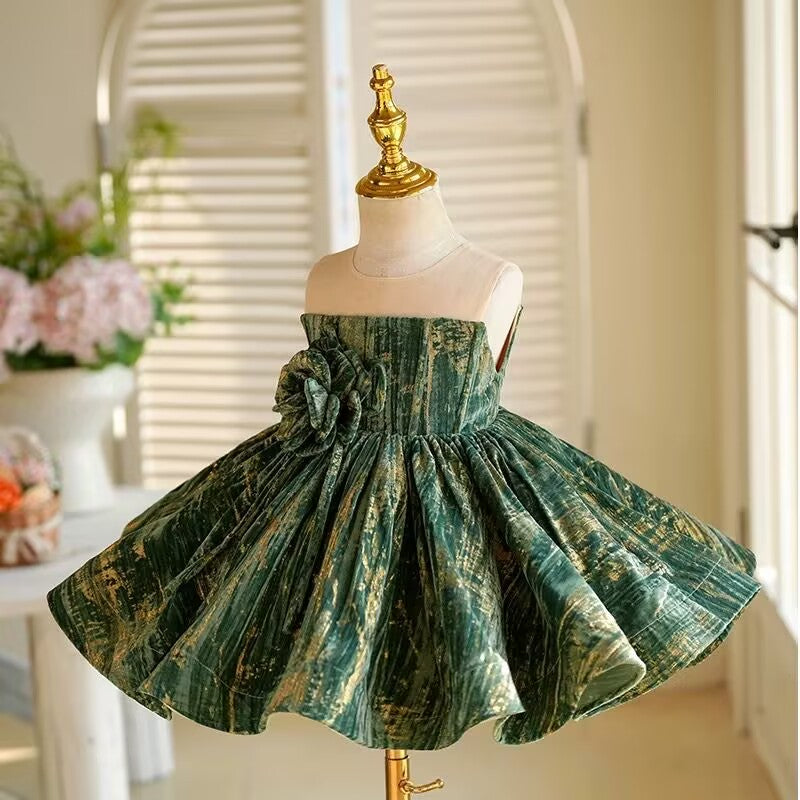Jill 3D Flower Sleeveless Green Girl Dress Princess Ball Gown J422