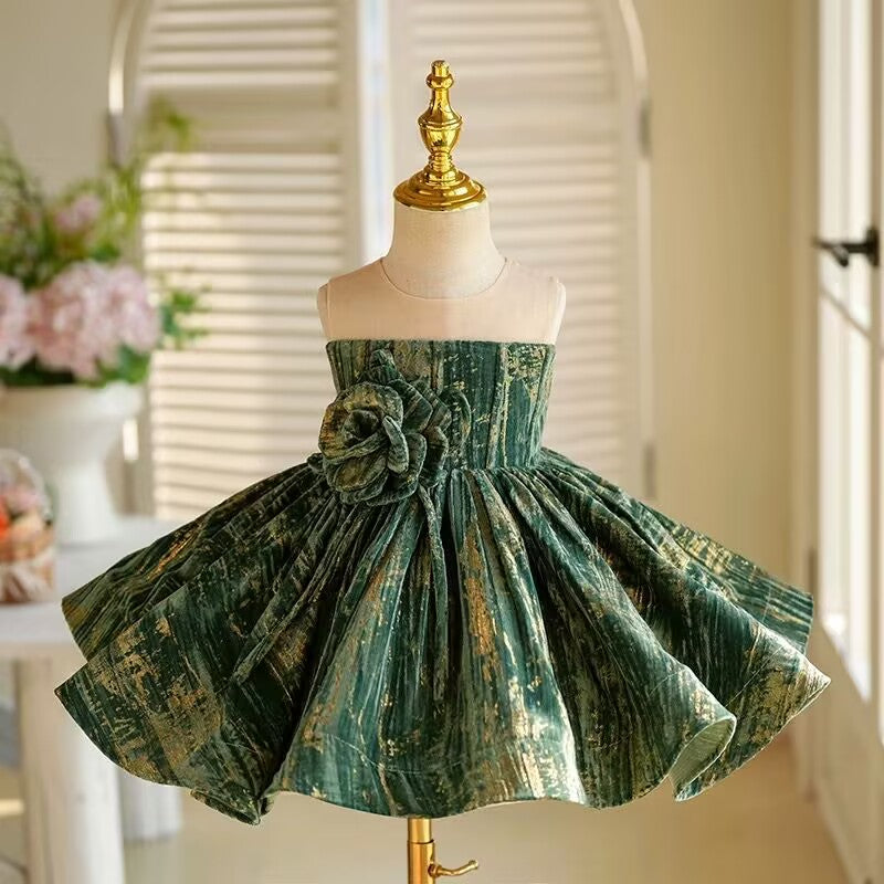 Jill 3D Flower Sleeveless Green Girl Dress Princess Ball Gown J422