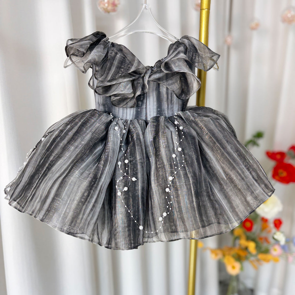 Jill Black Baby Puffy Sleeve Pearls Knee Length Birthday Girl Dress J024