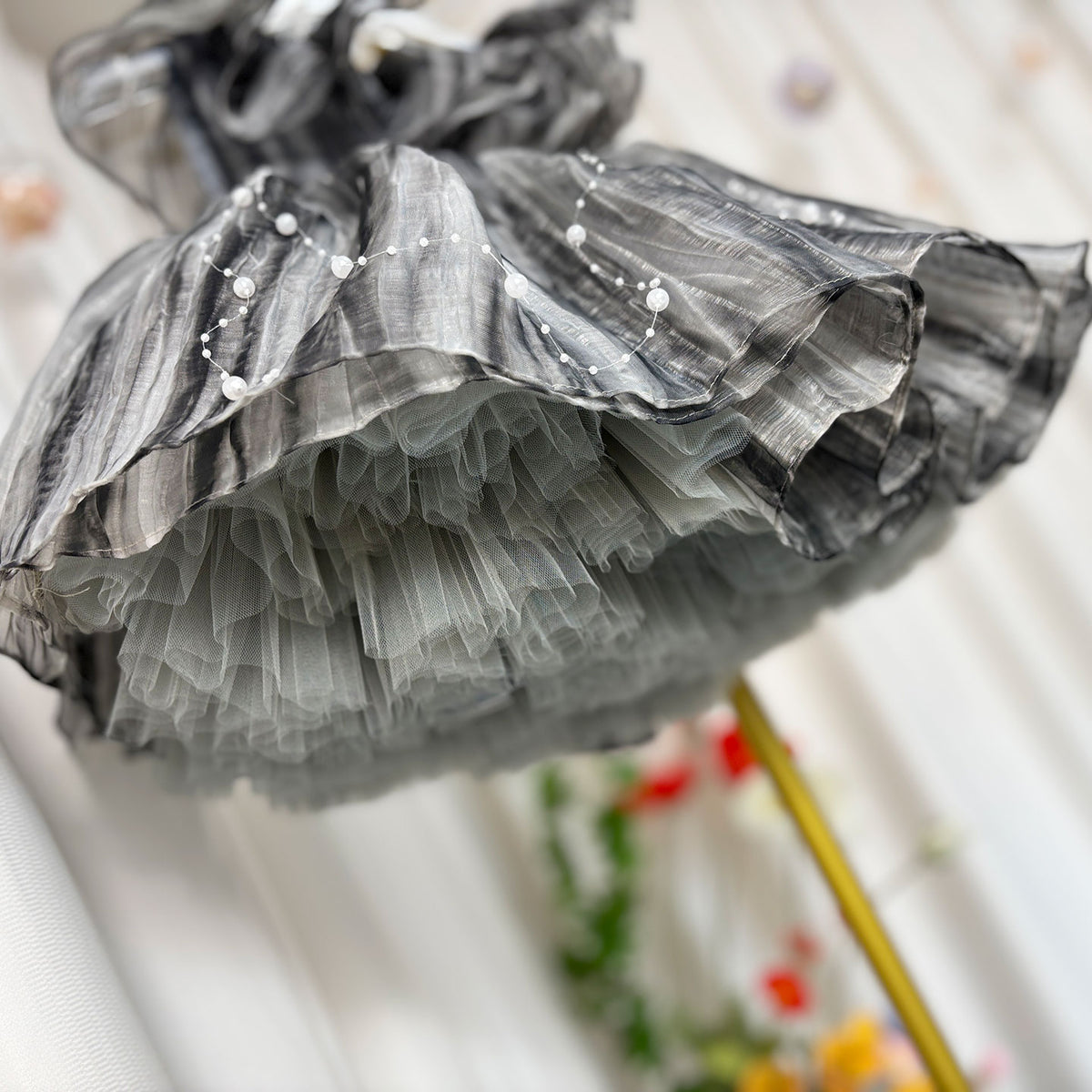 Jill Black Baby Puffy Sleeve Pearls Knee Length Birthday Girl Dress J024