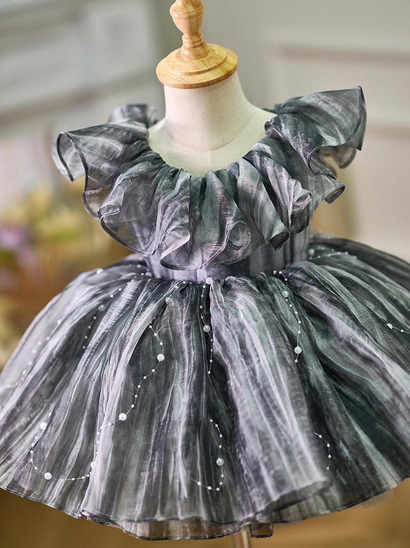 Jill Black Baby Puffy Sleeve Pearls Knee Length Birthday Girl Dress J024