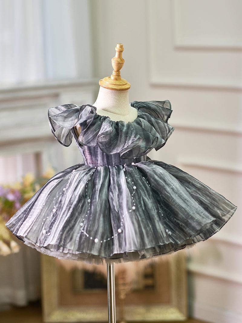 Jill Black Baby Puffy Sleeve Pearls Knee Length Birthday Girl Dress J024