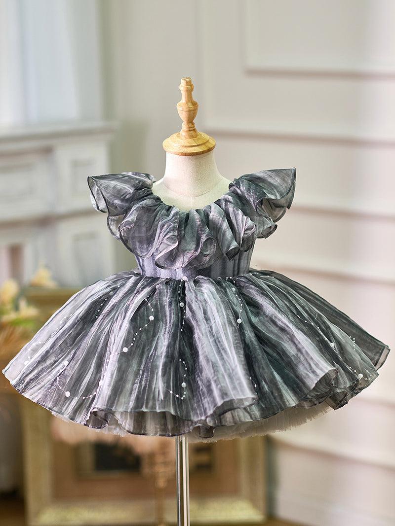 Jill Black Baby Puffy Sleeve Pearls Knee Length Birthday Girl Dress J024