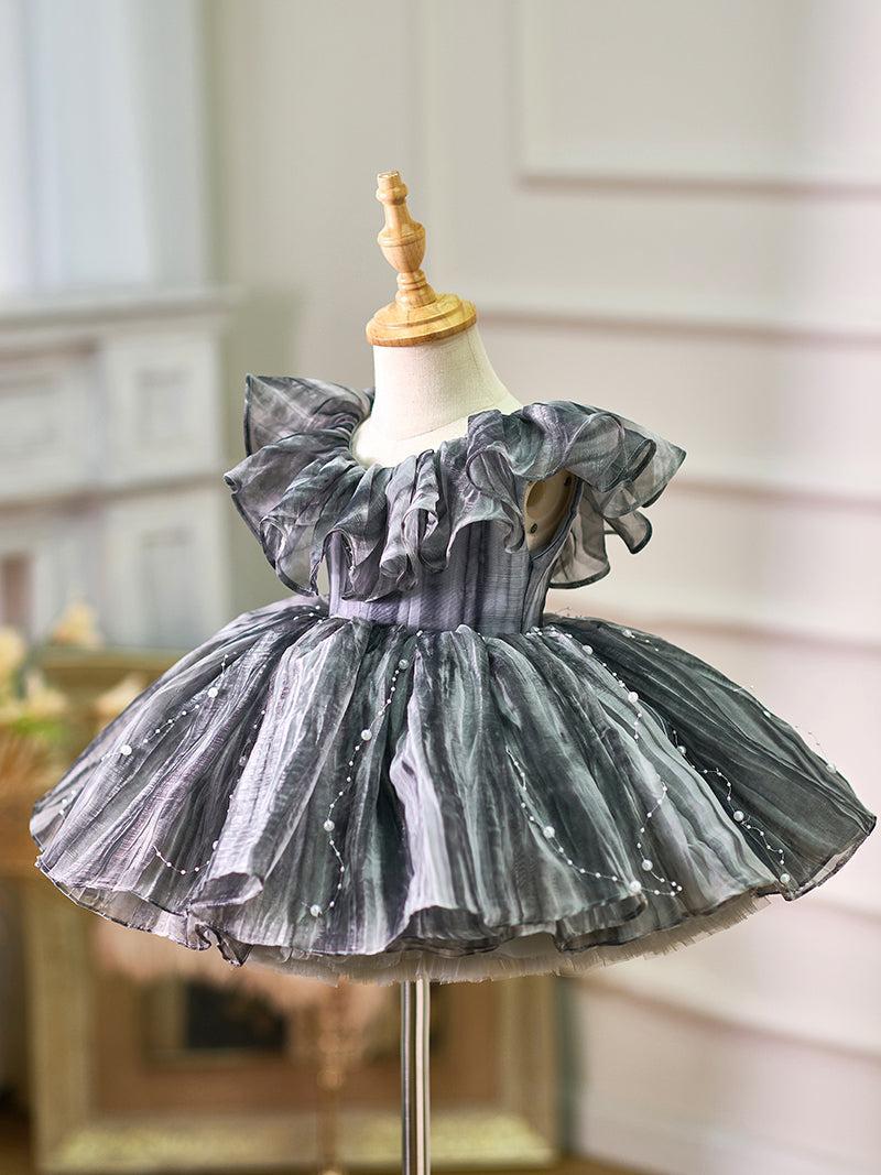 Jill Black Baby Puffy Sleeve Pearls Knee Length Birthday Girl Dress J024