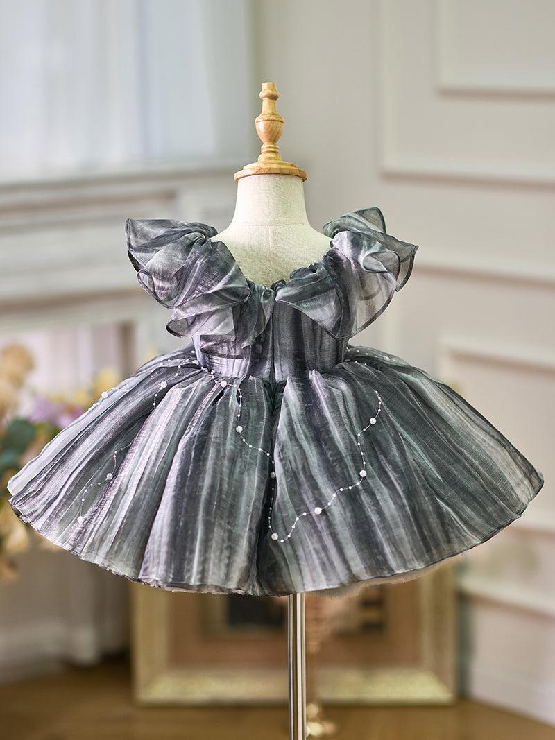 Jill Black Baby Puffy Sleeve Pearls Knee Length Birthday Girl Dress J024