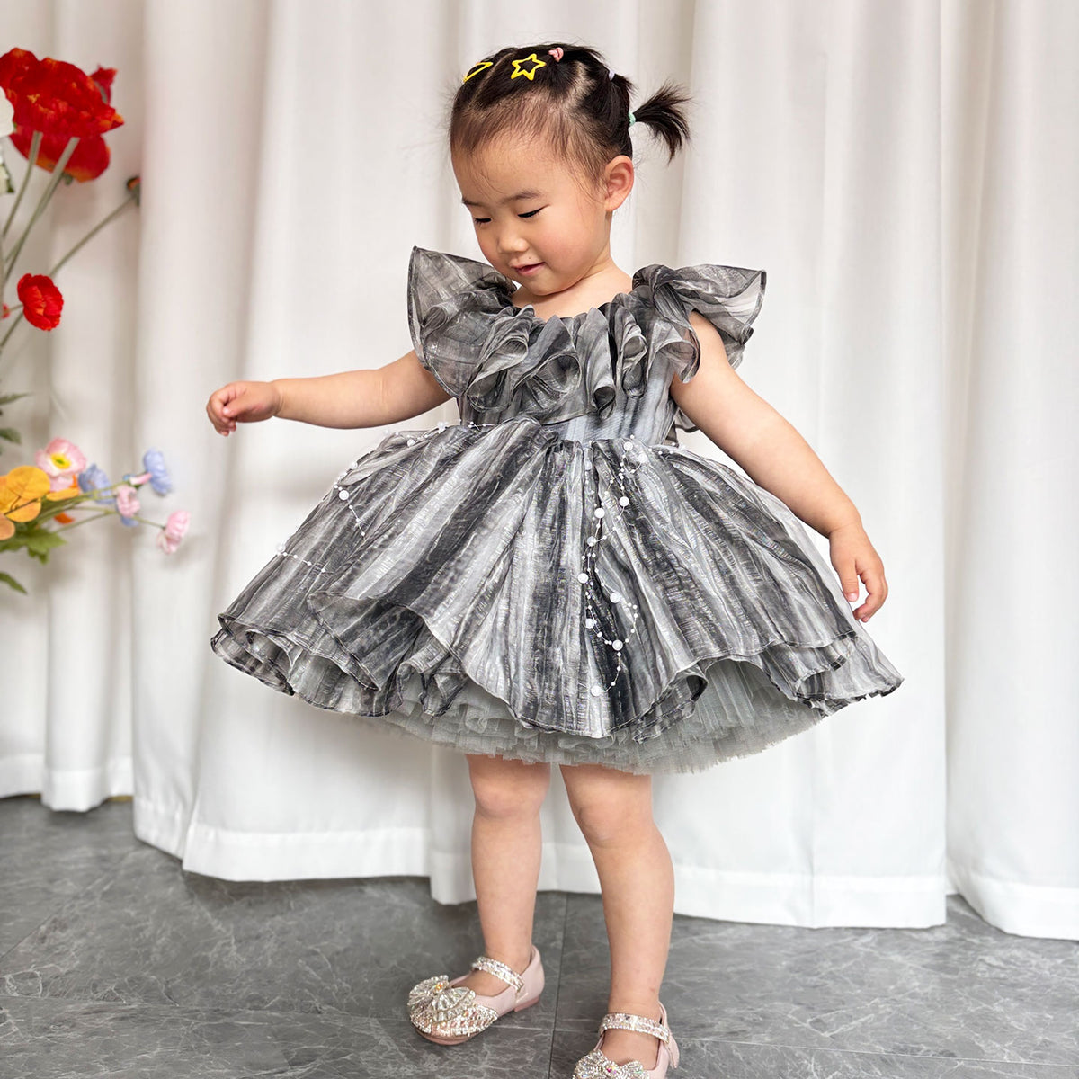 Jill Black Baby Puffy Sleeve Pearls Knee Length Birthday Girl Dress J024