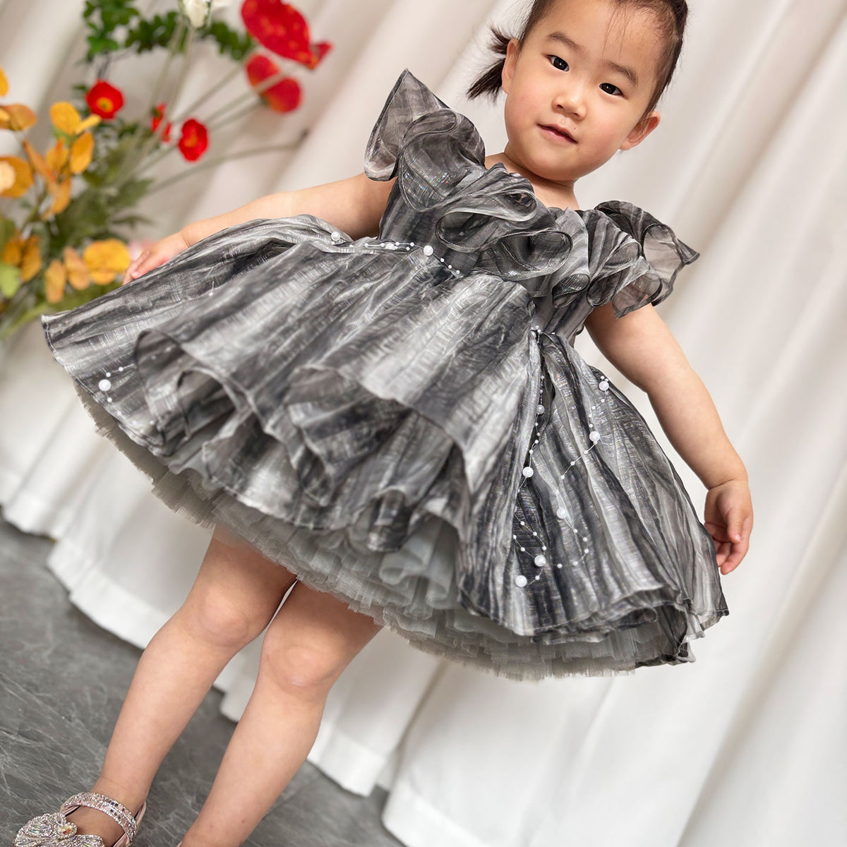 Jill Black Baby Puffy Sleeve Pearls Knee Length Birthday Girl Dress J024