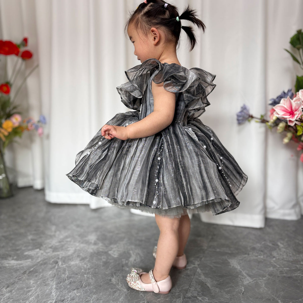 Jill Black Baby Puffy Sleeve Pearls Knee Length Birthday Girl Dress J024