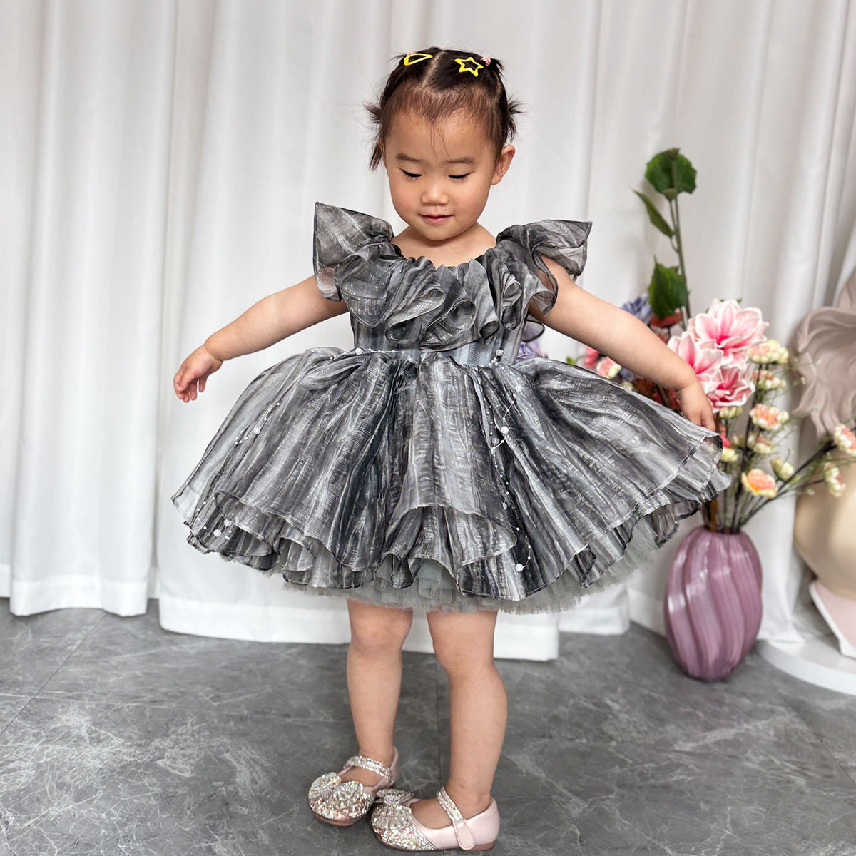 Jill Black Baby Puffy Sleeve Pearls Knee Length Birthday Girl Dress J024