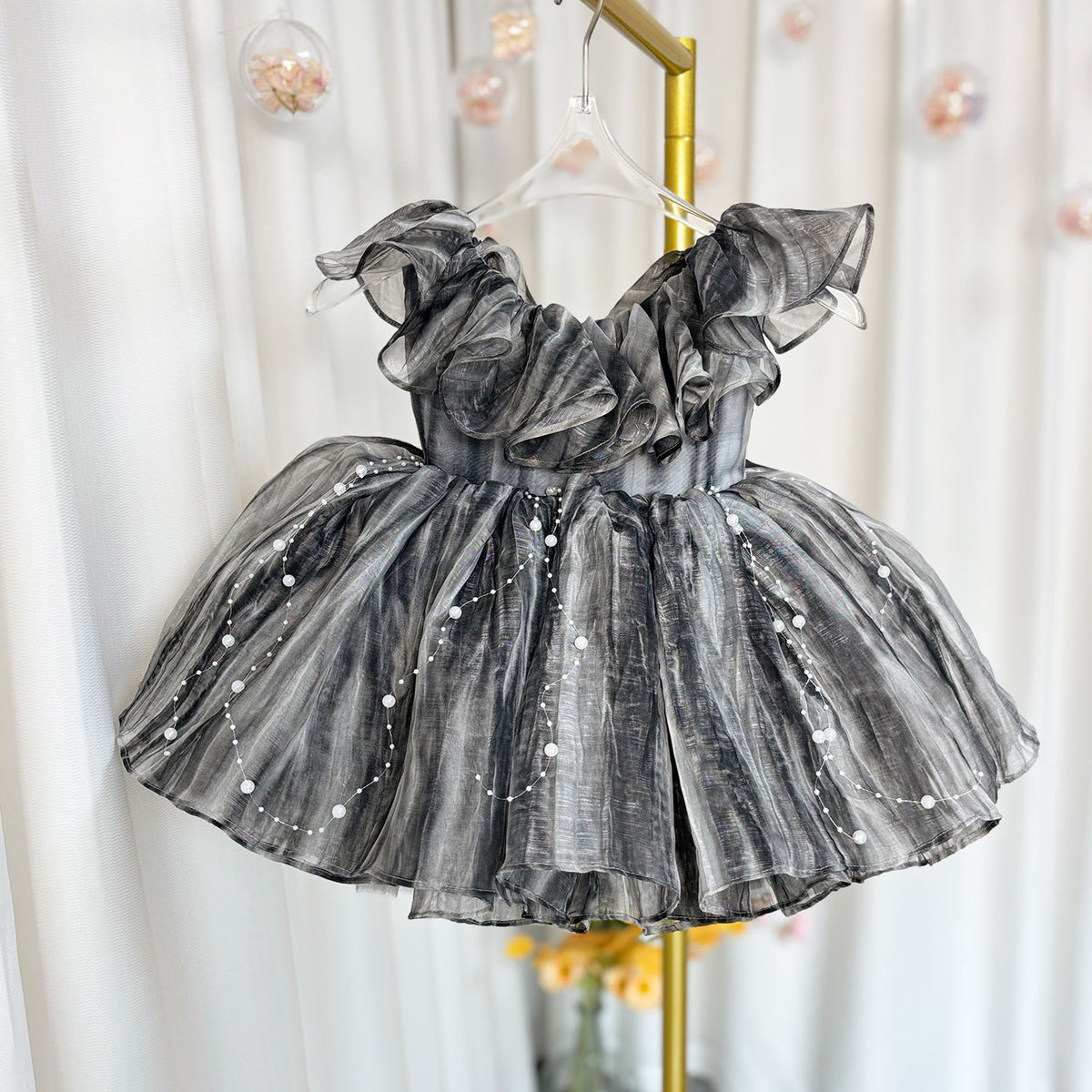 Jill Black Baby Puffy Sleeve Pearls Knee Length Birthday Girl Dress J024