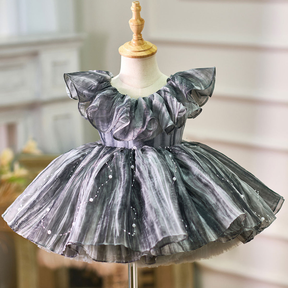 Jill Black Baby Puffy Sleeve Pearls Knee Length Birthday Girl Dress J024