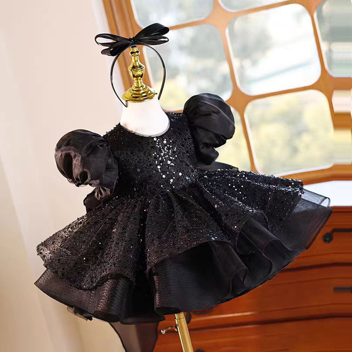 Jill Black Flower Girl Dress Princess Kids 1st Birthday J459