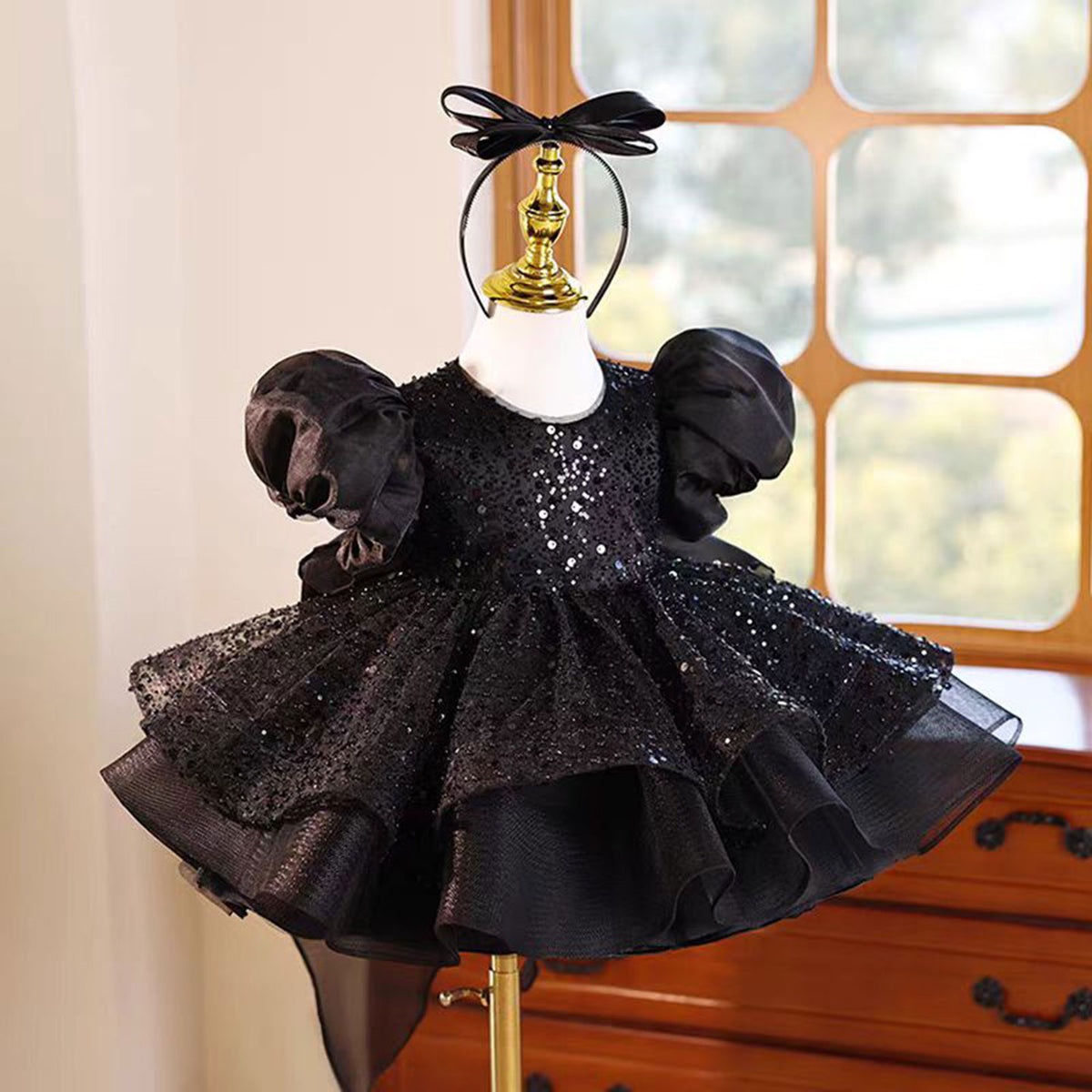 Jill Black Flower Girl Dress Princess Kids 1st Birthday J459