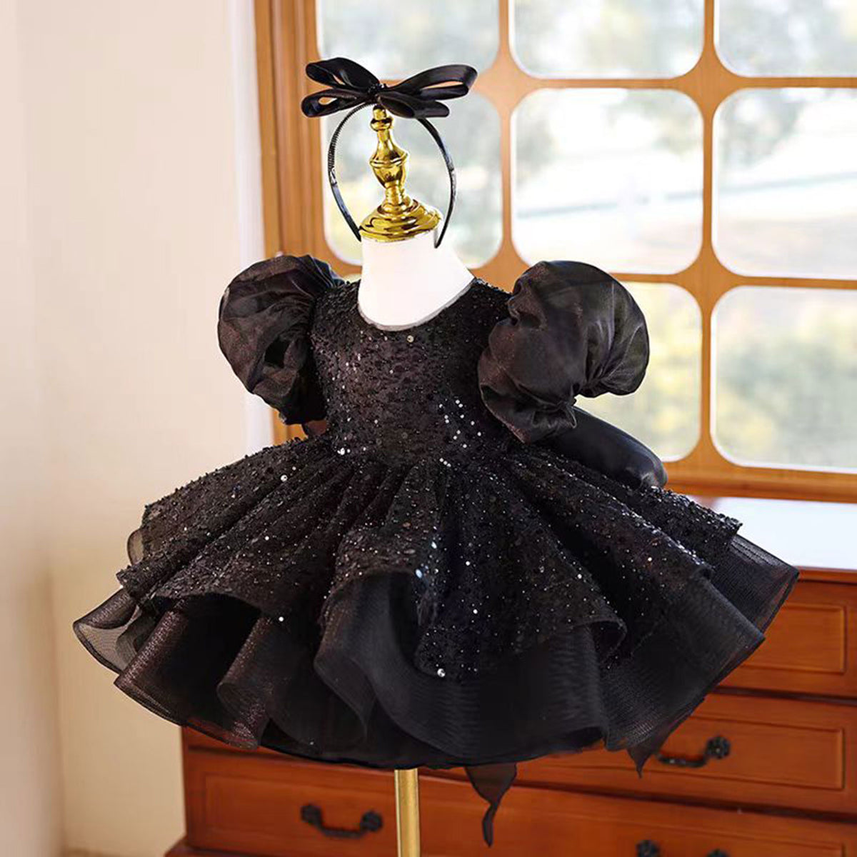 Jill Black Flower Girl Dress Princess Kids 1st Birthday J459