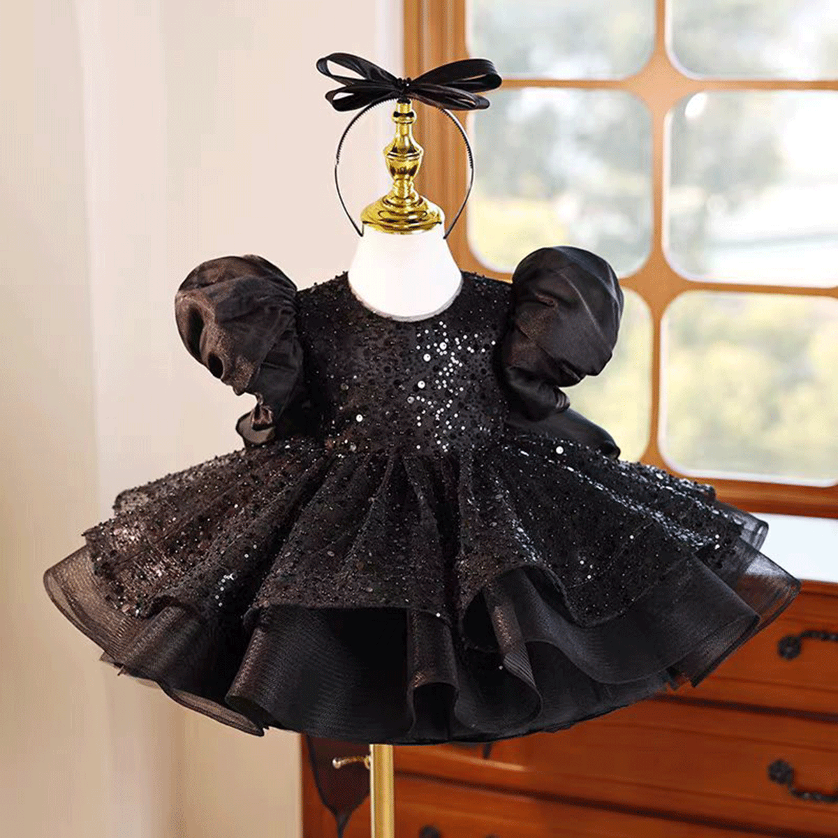 Jill Black Flower Girl Dress Princess Kids 1st Birthday J459