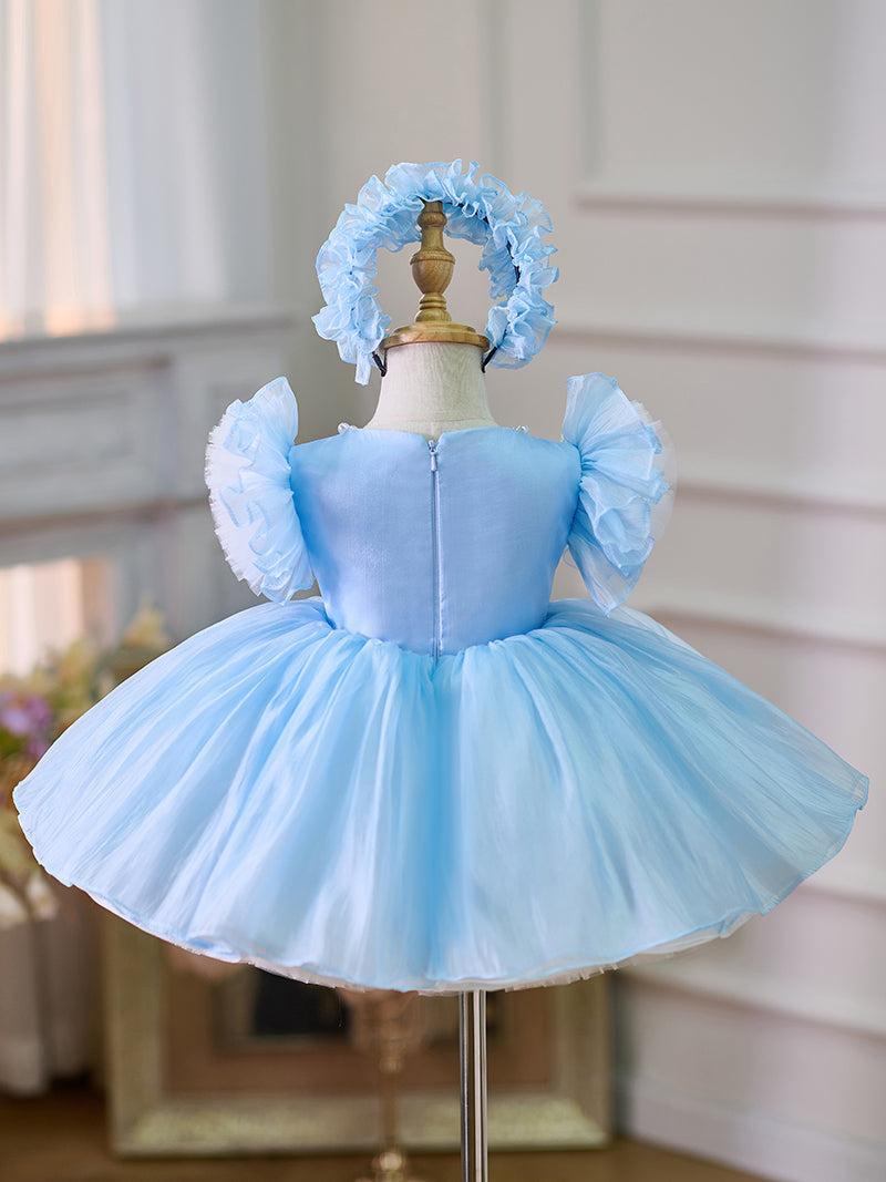Jill Blue/Green Baby Puffy Sleeve Adorable Girl Dress with Flowers J035