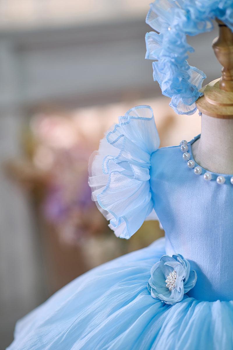 Jill Blue/Green Baby Puffy Sleeve Adorable Girl Dress with Flowers J035