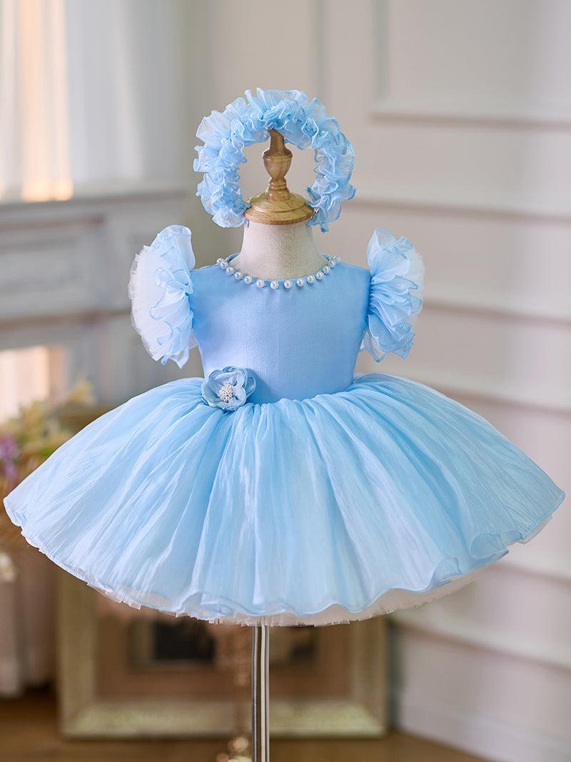 Jill Blue/Green Baby Puffy Sleeve Adorable Girl Dress with Flowers J035