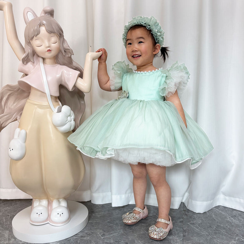 Jill Blue/Green Baby Puffy Sleeve Adorable Girl Dress with Flowers J035