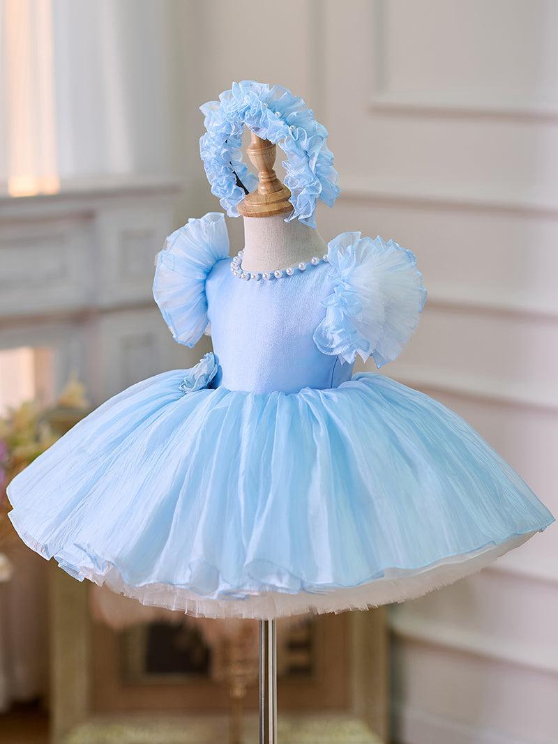 Jill Blue/Green Baby Puffy Sleeve Adorable Girl Dress with Flowers J035