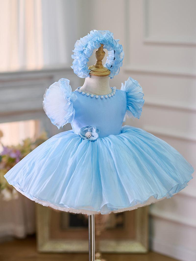 Jill Blue/Green Baby Puffy Sleeve Adorable Girl Dress with Flowers J035