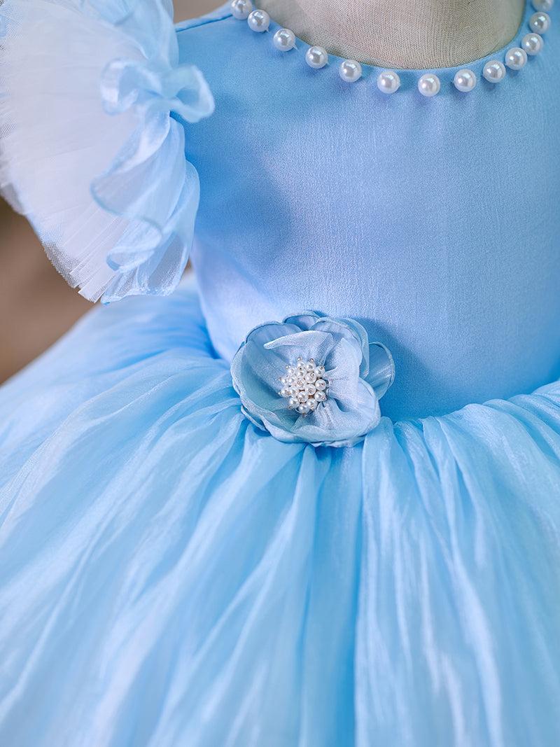 Jill Blue/Green Baby Puffy Sleeve Adorable Girl Dress with Flowers J035