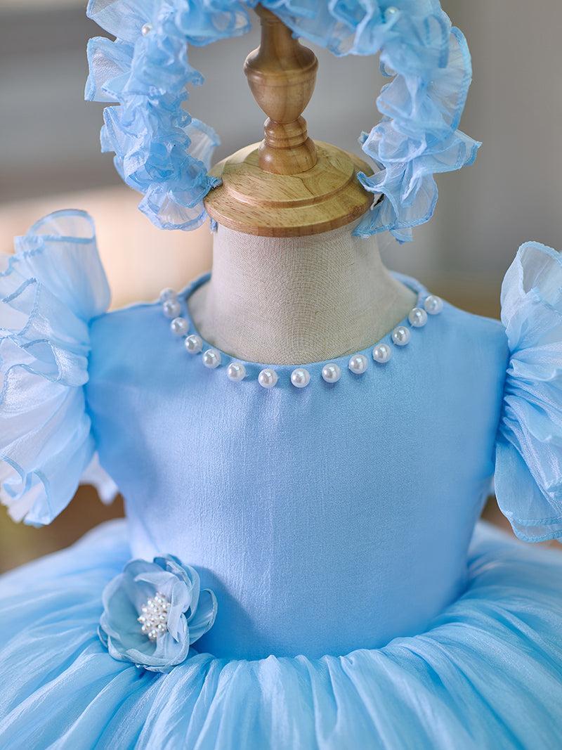 Jill Blue/Green Baby Puffy Sleeve Adorable Girl Dress with Flowers J035