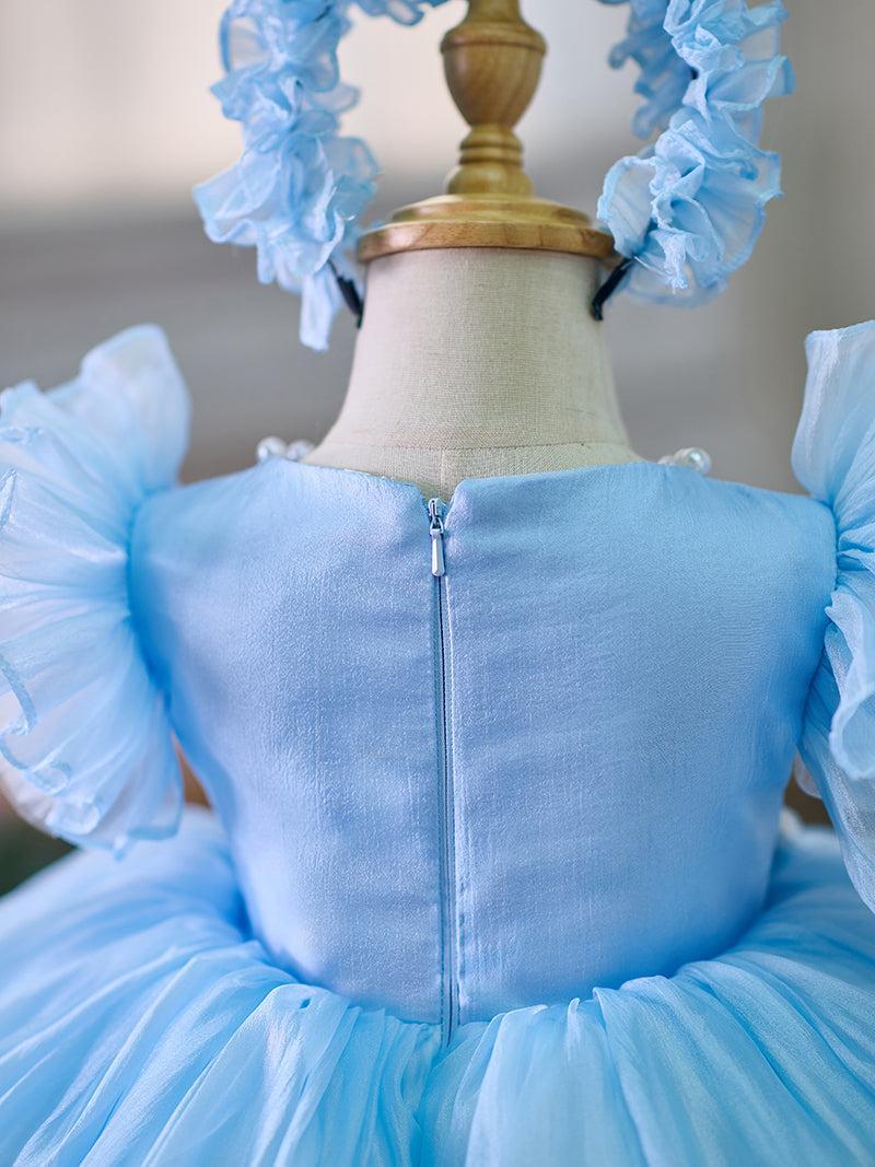 Jill Blue/Green Baby Puffy Sleeve Adorable Girl Dress with Flowers J035