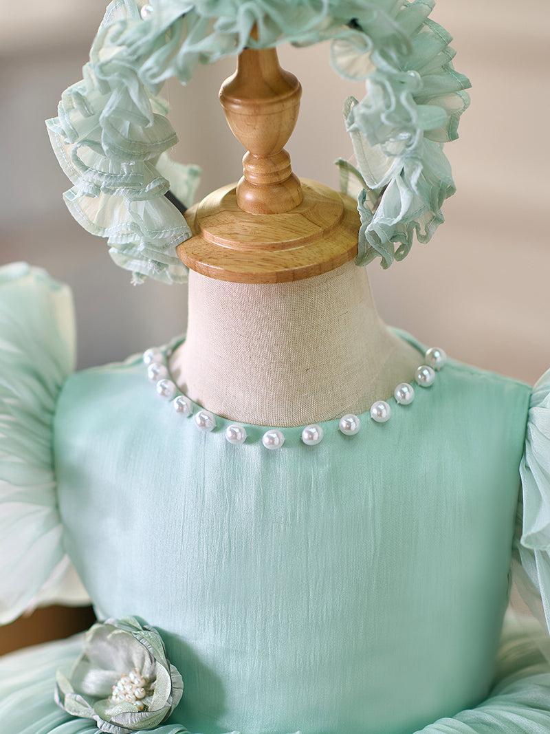 Jill Blue/Green Baby Puffy Sleeve Adorable Girl Dress with Flowers J035