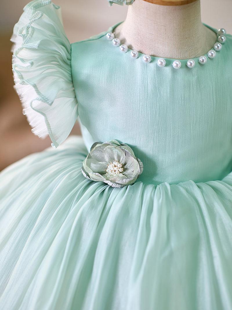Jill Blue/Green Baby Puffy Sleeve Adorable Girl Dress with Flowers J035