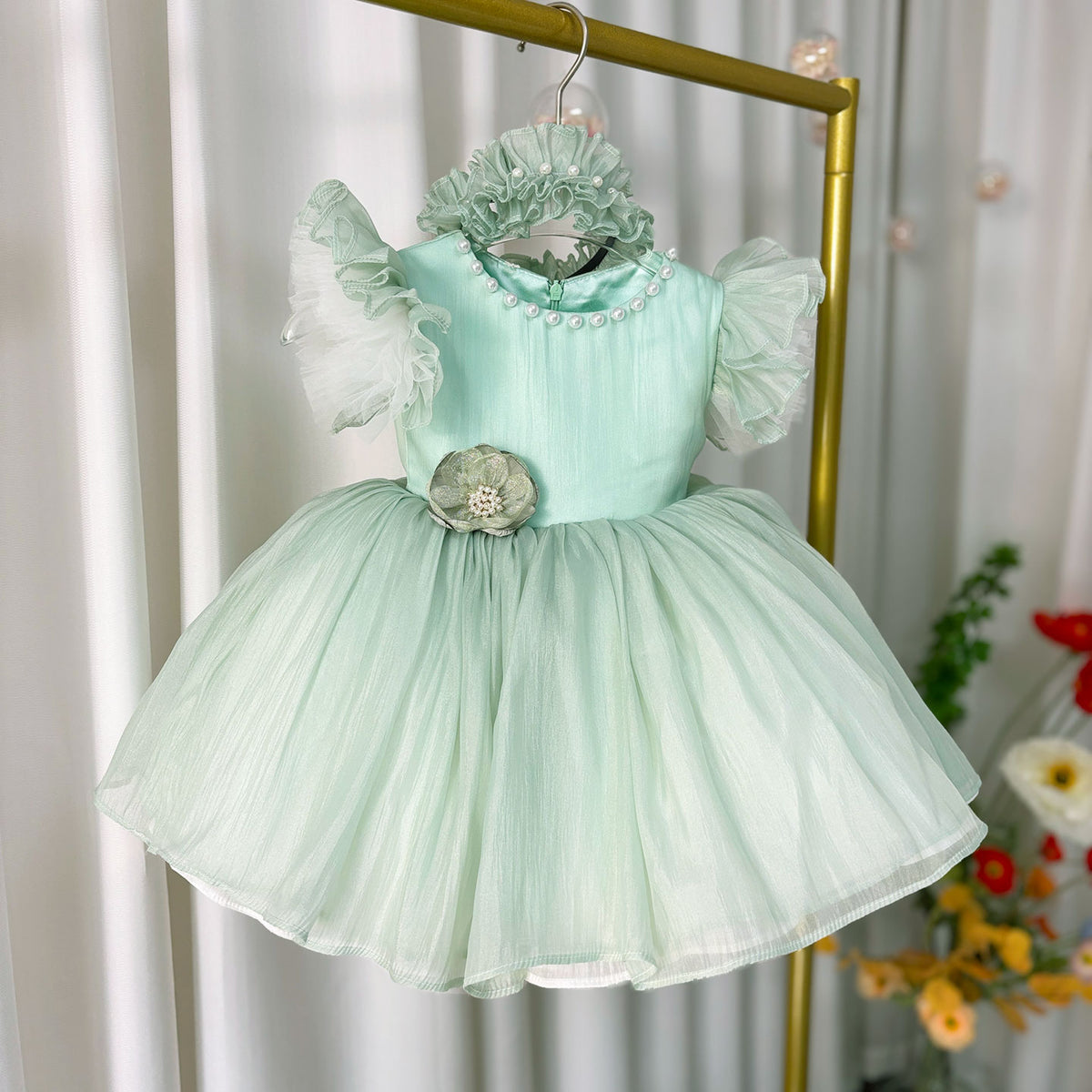 Jill Blue/Green Baby Puffy Sleeve Adorable Girl Dress with Flowers J035