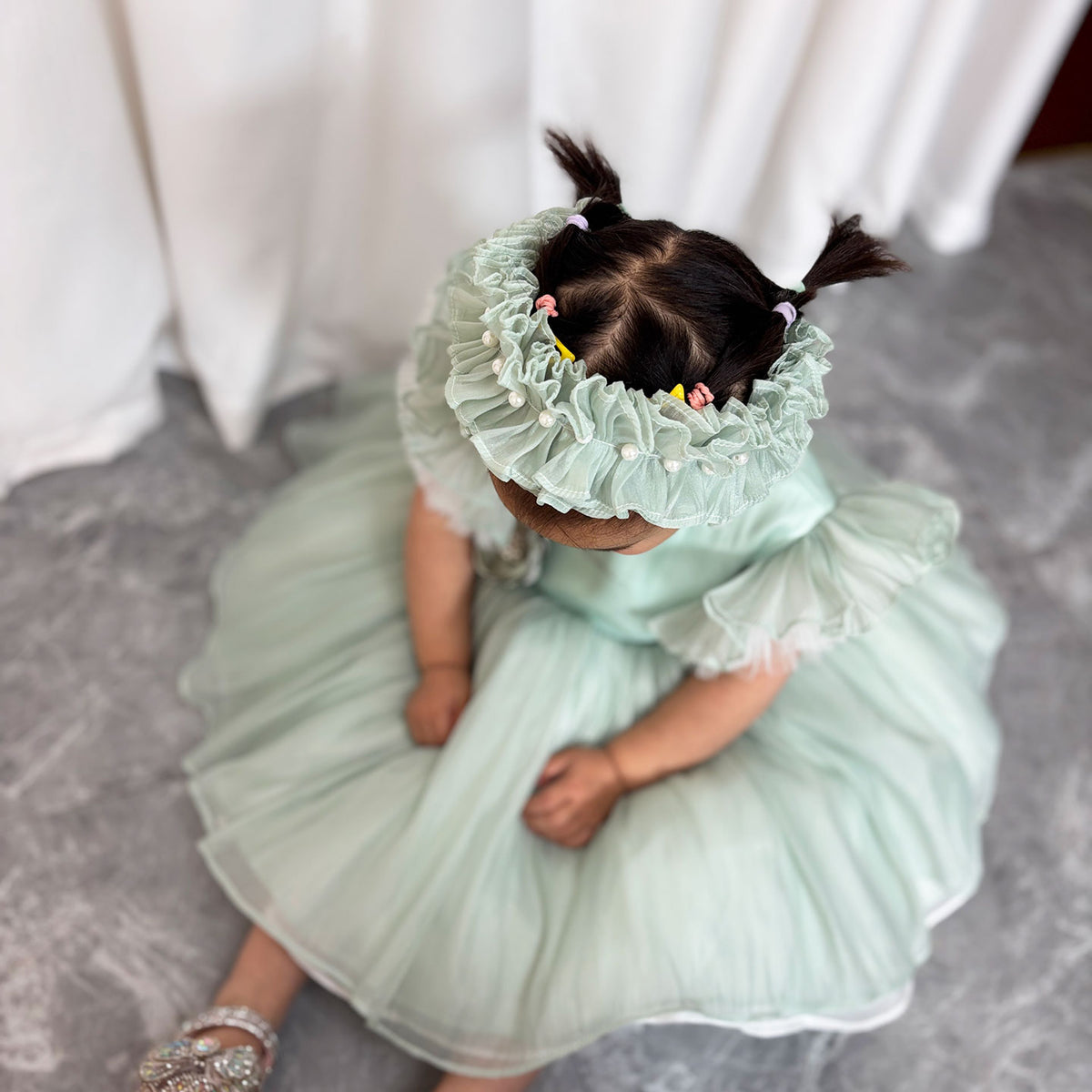 Jill Blue/Green Baby Puffy Sleeve Adorable Girl Dress with Flowers J035