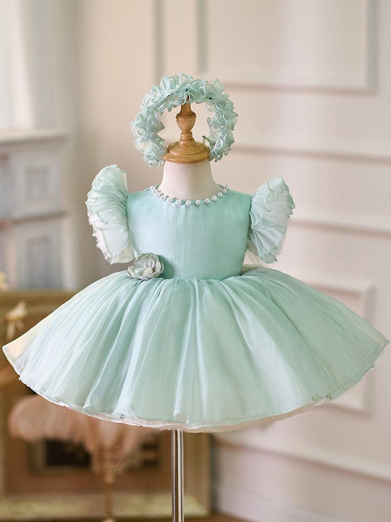 Jill Blue/Green Baby Puffy Sleeve Adorable Girl Dress with Flowers J035