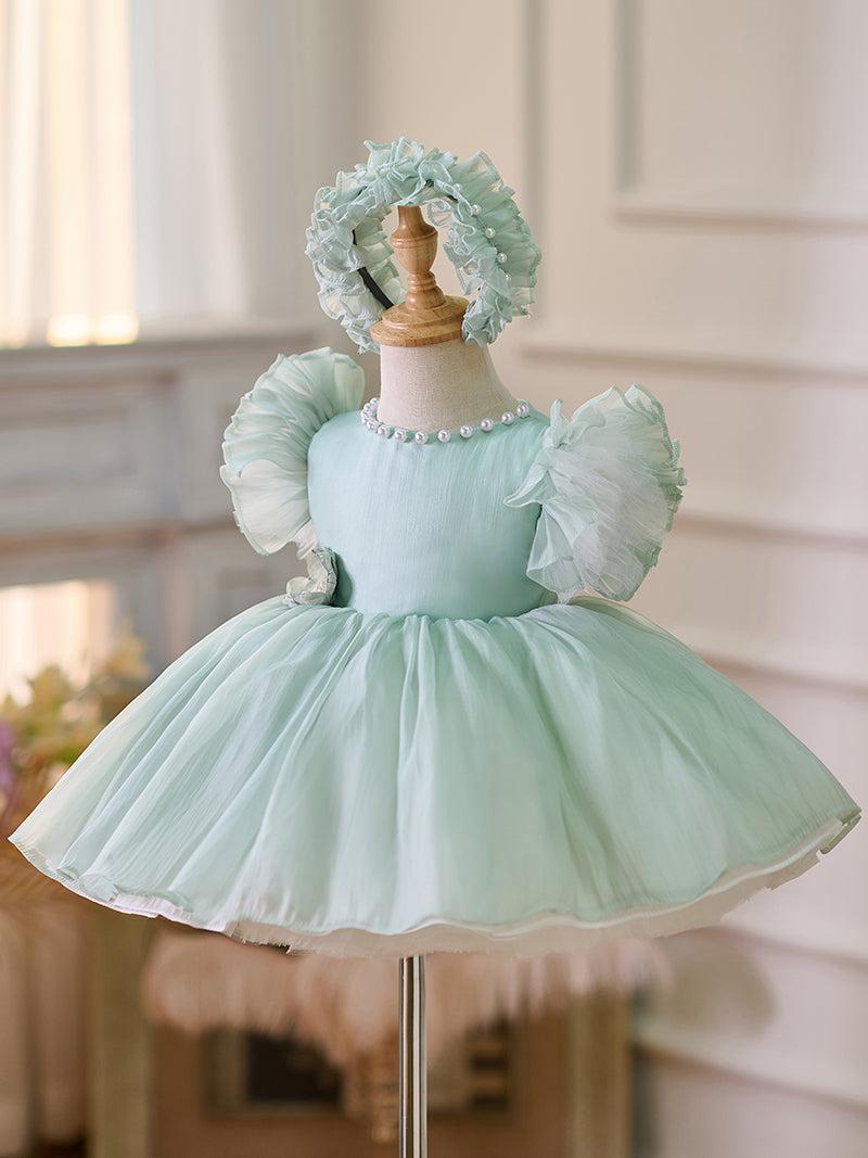 Jill Blue/Green Baby Puffy Sleeve Adorable Girl Dress with Flowers J035