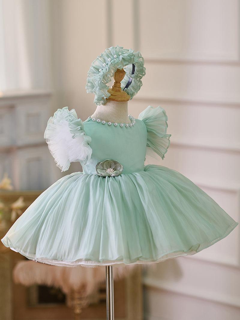Jill Blue/Green Baby Puffy Sleeve Adorable Girl Dress with Flowers J035